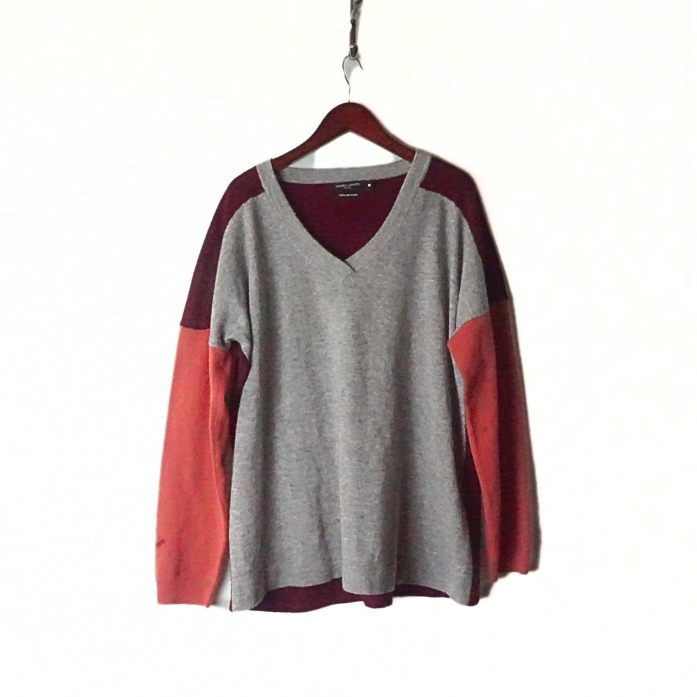 Galeries Lafayette Paris 100% Cashmere V-Neck Sweater Colorblock Grey Burgundy L